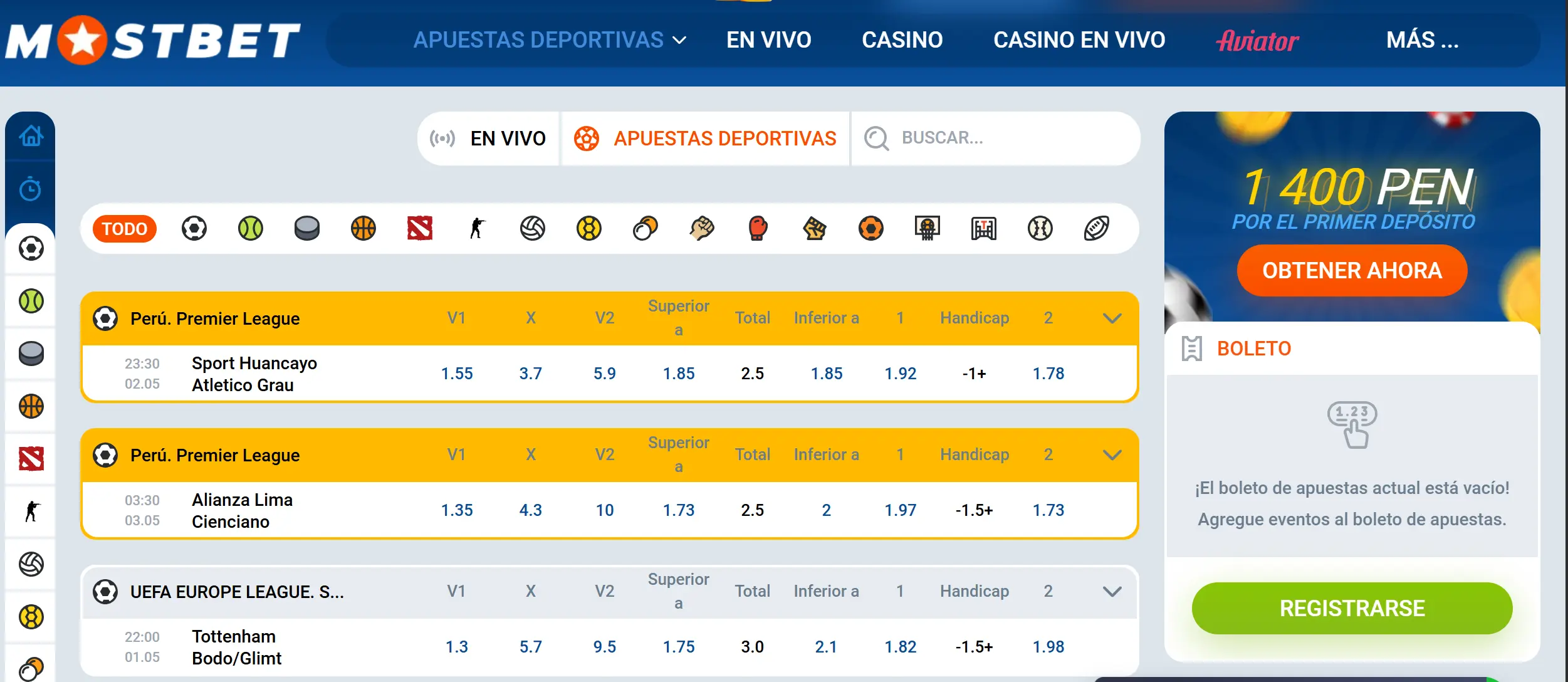 Deportes disponibles para apostar en Mostbet